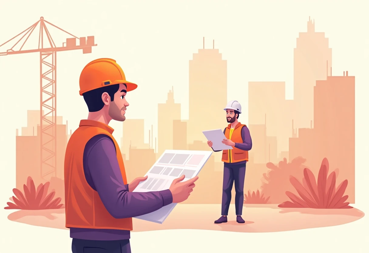 Joven profesional revisando planos en construcción